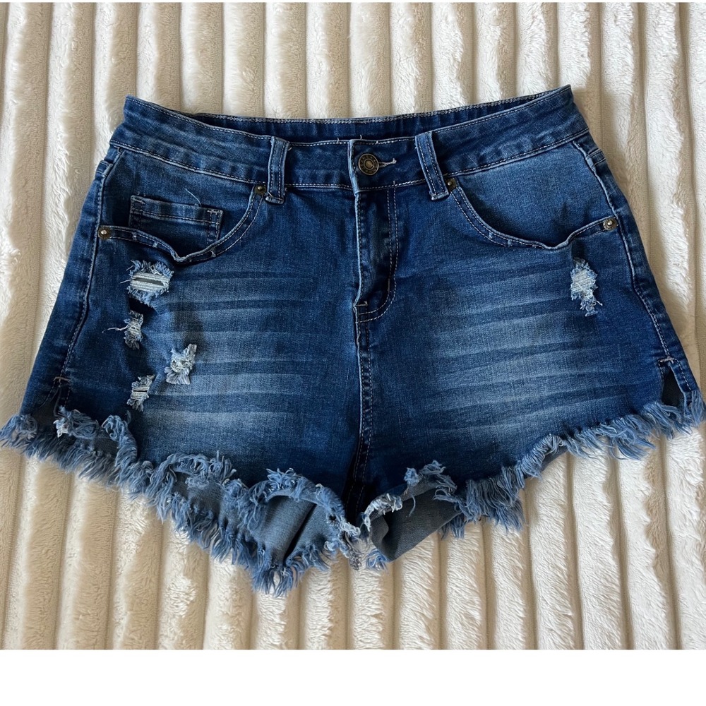 Womens Distressed Denim Shorts Dark Wash Frayed Cut Off Size M stretch comfy